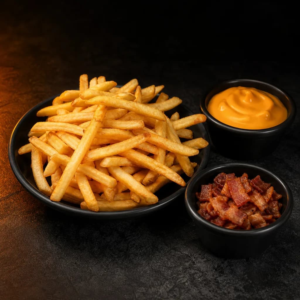 Porção grande de batatas com cheddar e bacon em potes separados