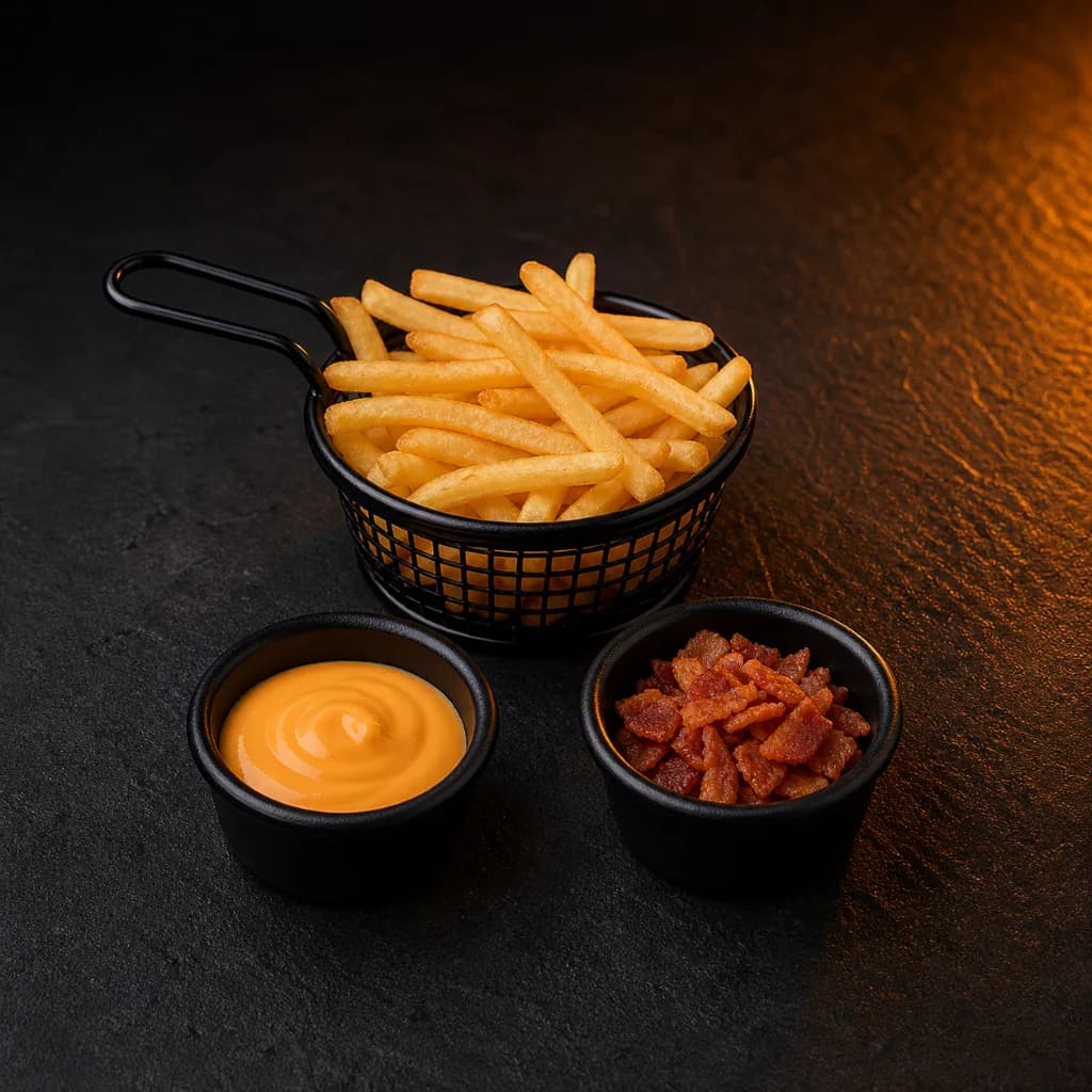 Batatas fritas com cheddar e bacon servidos em potes separados