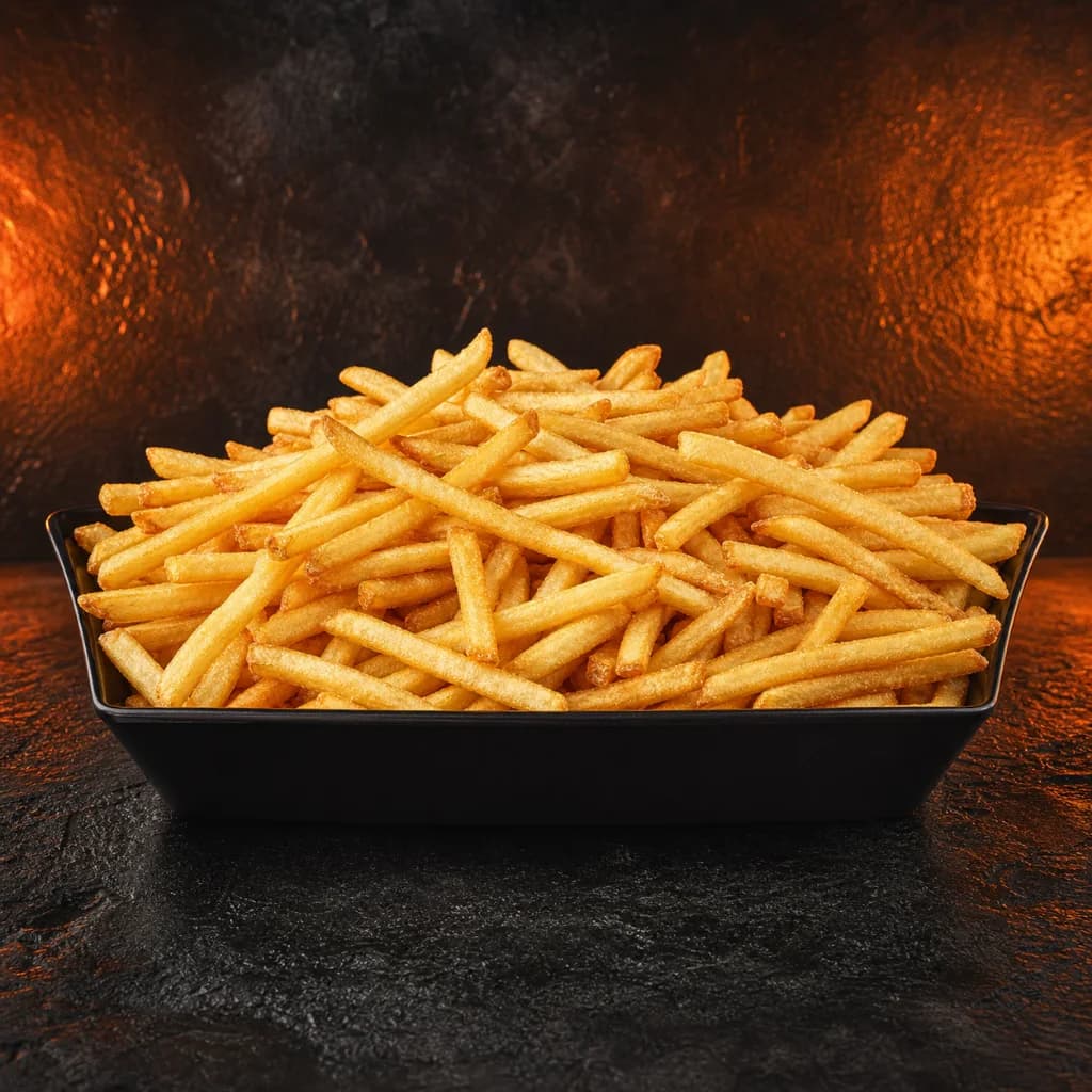 Porção grande de batatas fritas finas e crocantes