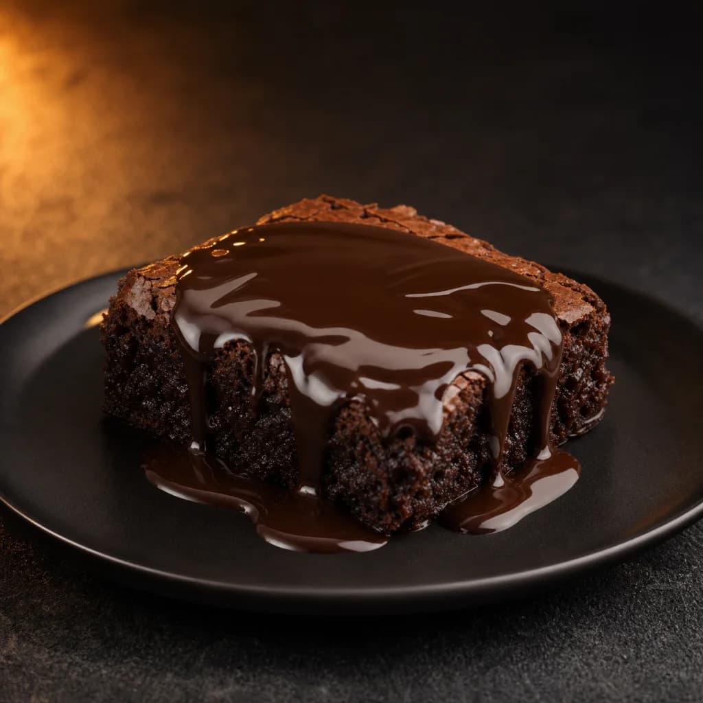 Brownie quente coberto com calda de chocolate meio amargo