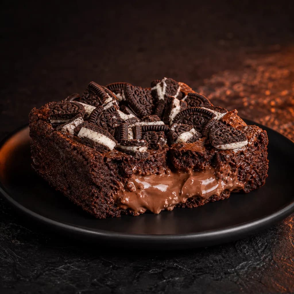 Brownie recheado com creme de avelã e pedaços de biscoito