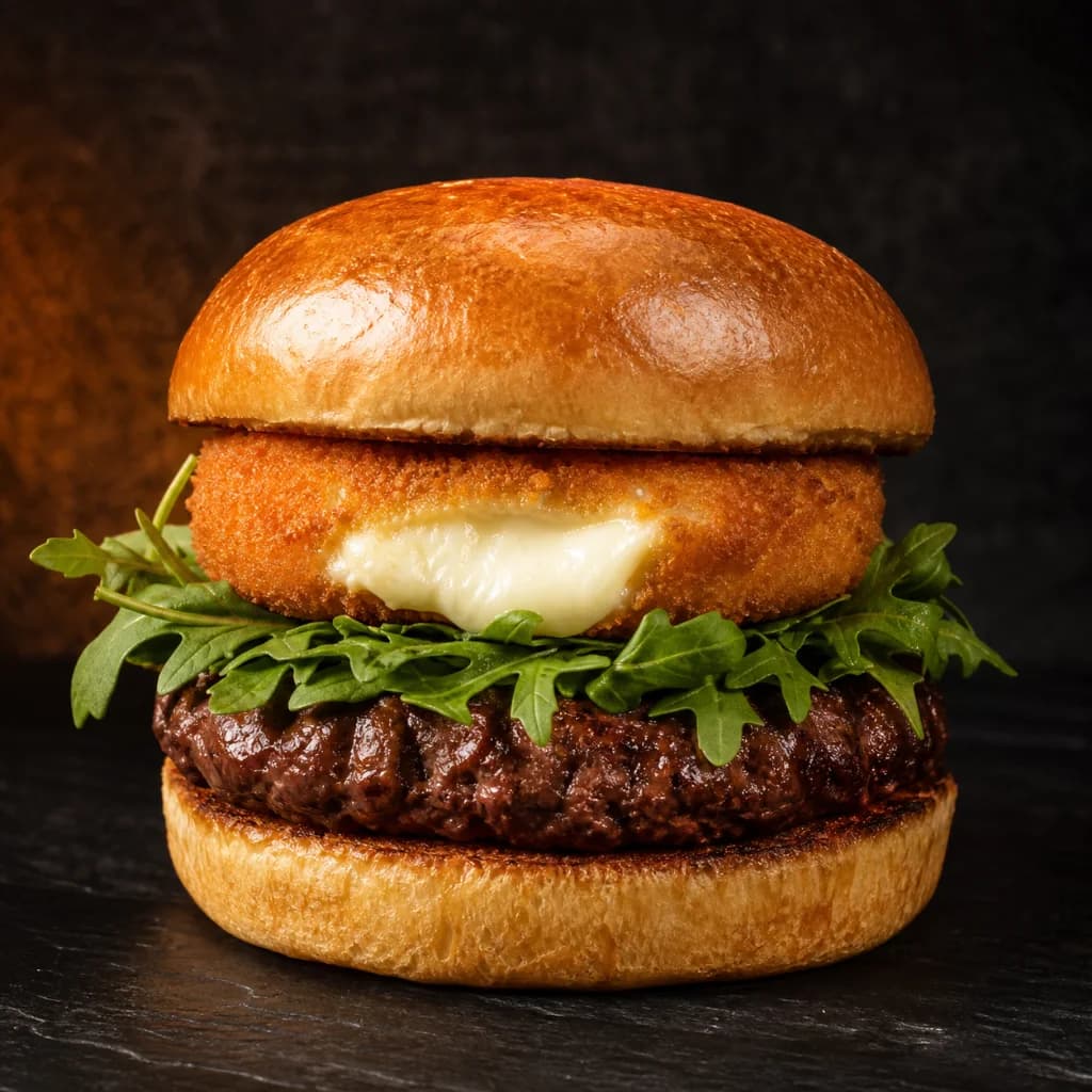 Burger com fraldinha, rúcula e disco de Catupiry empanado