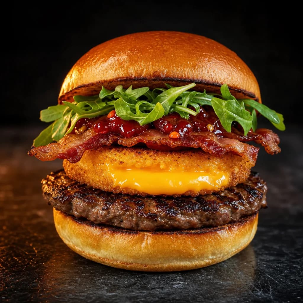 Burger com disco de cheddar empanado, bacon, geleia de pimenta e rúcula