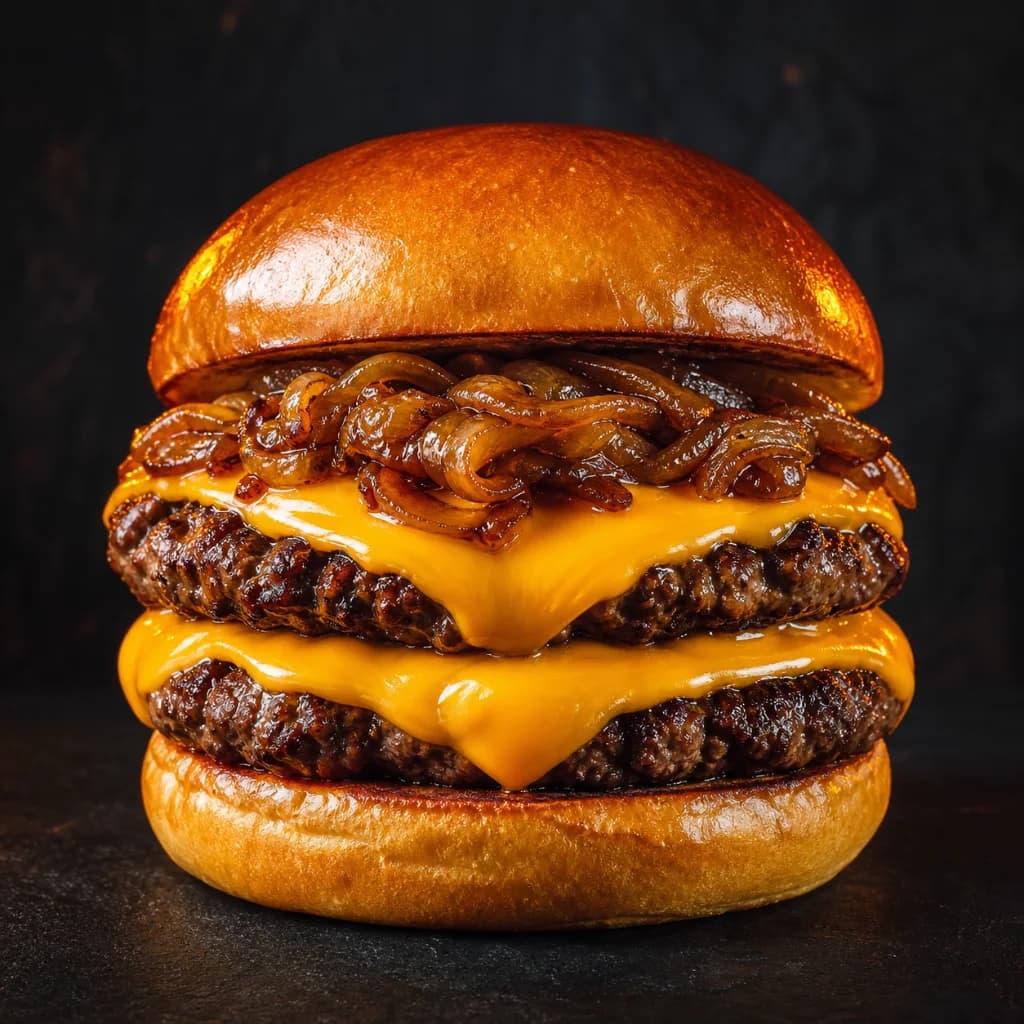 Burger com dois blends, American Cheese e cebola caramelizada