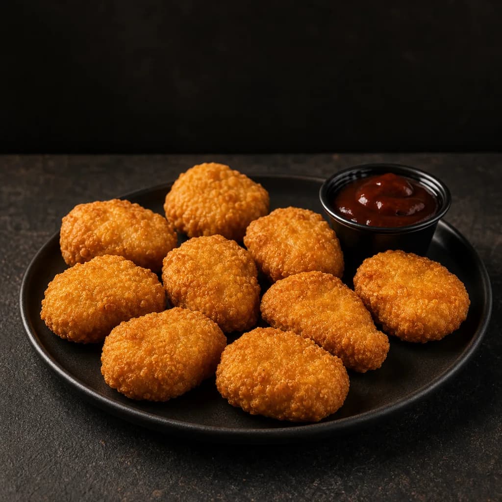 Nove nuggets crocantes com molho barbecue