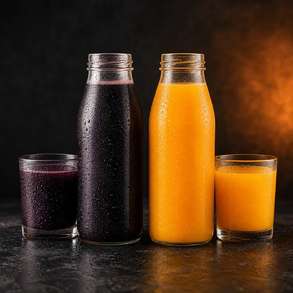 Sucos gelados de uva e laranja
