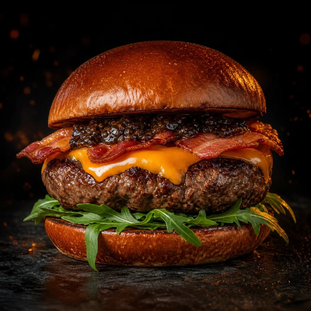Wagyu Black Edition com rúcula, queijo maçaricado, bacon e molho trufado