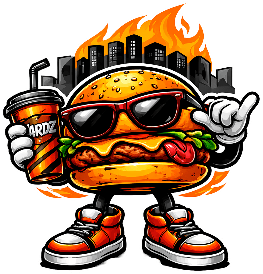 Mascote YARDZ, um hambúrguer de óculos segurando um copo